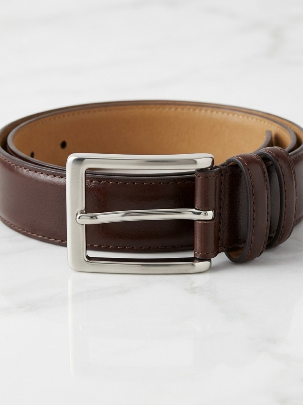Men's Dark Brown Leather Dress Belt with Silver Buckle